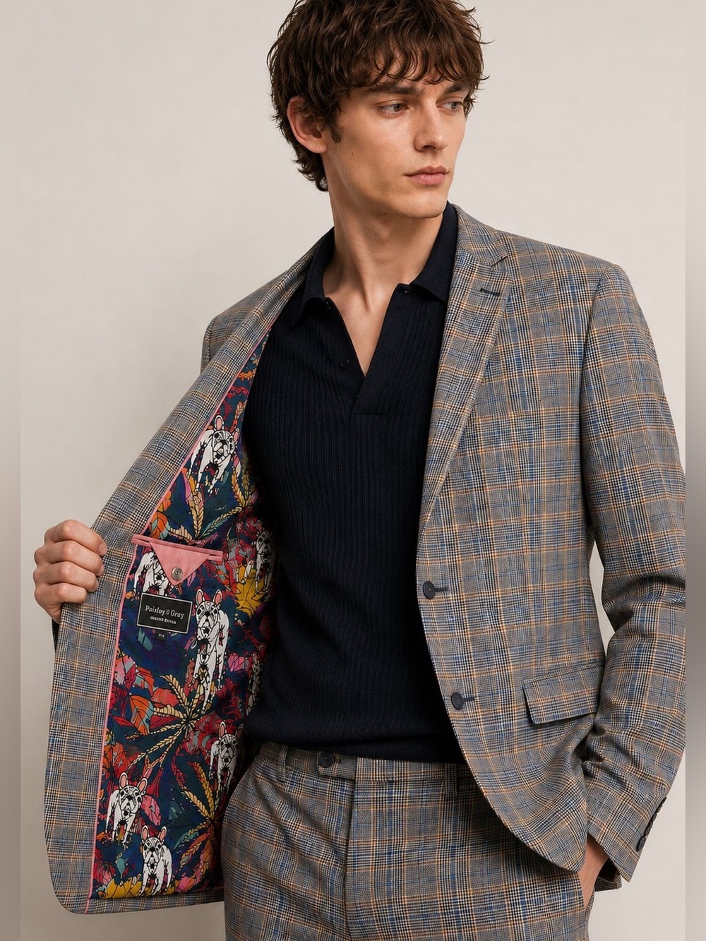 Paisley & Gray Slim Fit Plaid Blazer with Bulldog Print Lining – Size 42R